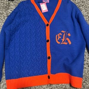 Oversized cobalt blue and orange cable knit carigan
